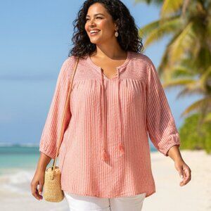 Time and Tru 100% Cotton Coral & White Stripes Long Sleeve Peasant Top, XXXL